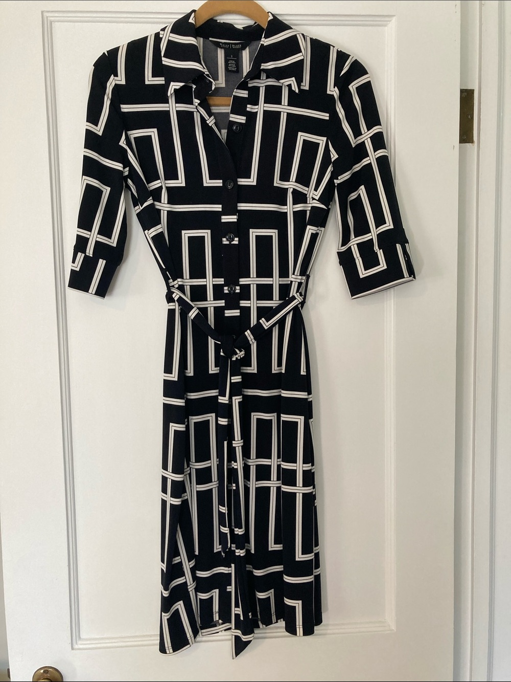 White House Black Market Black & White Geometric Midi Shirt Dress